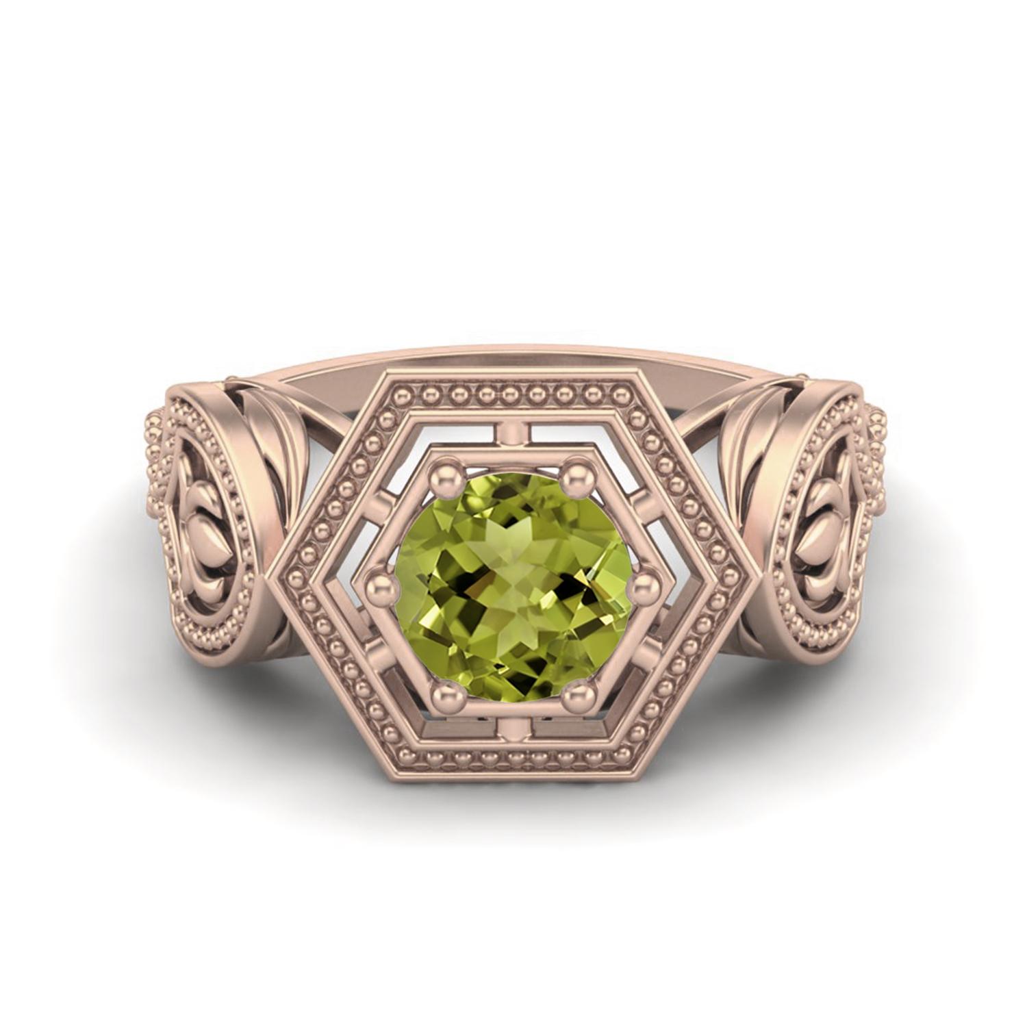 6MM Round Peridot 925 Sterling Silver Rose Vermeil Hexagon Shape Geometric Women Wedding Ring 7