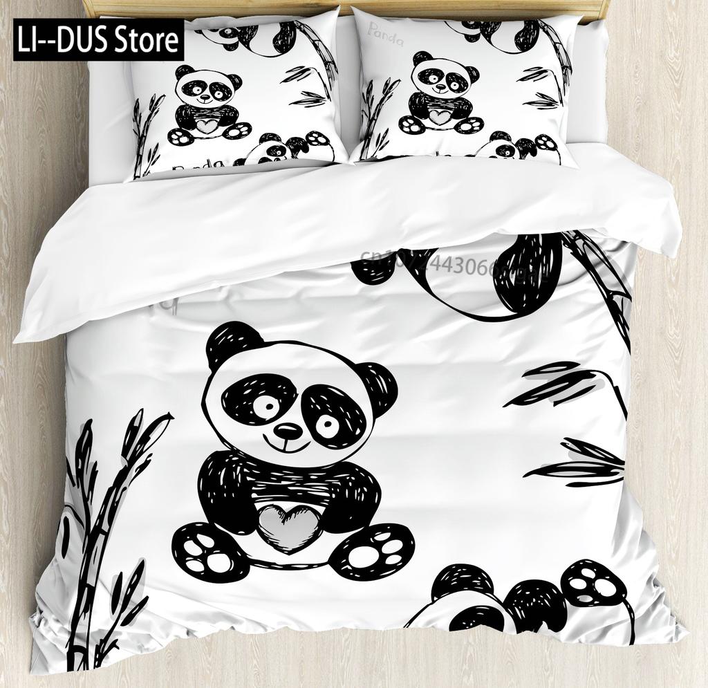 Kids Black Printed Cartoon Panda Beddings Cute Animal Pattern Teens Bedlinings 1 Duvet Cover Sets and 2 Pillowcases Full Size