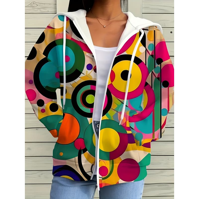 Women's 3D Printed Zipper Hooded Sweatshirt, Long Sleeves, Casual Sport Style