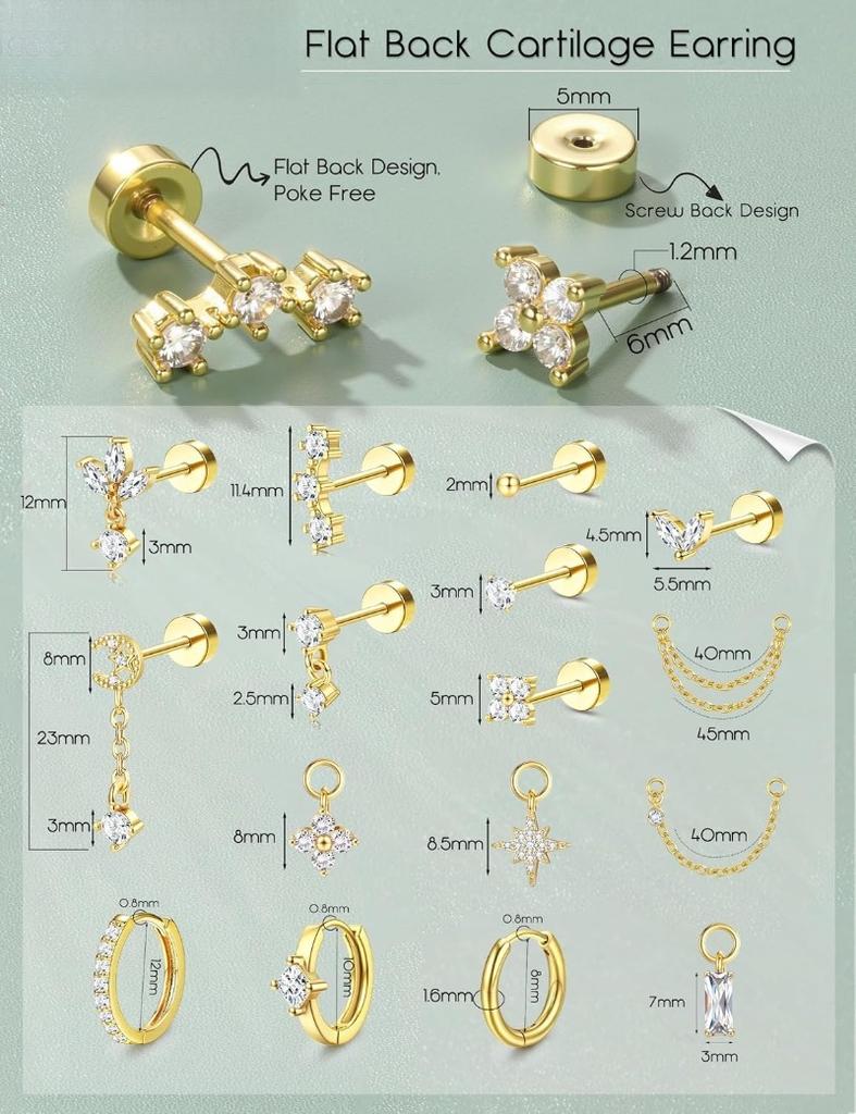 Orecchini per Cartilagine Calibro 16 per Donna Dorso Piatto Ipoallergenici Acciaio Chirurgico 316L Orecchino a Perno Cerchio Set Impilabile Gioielli Piercing