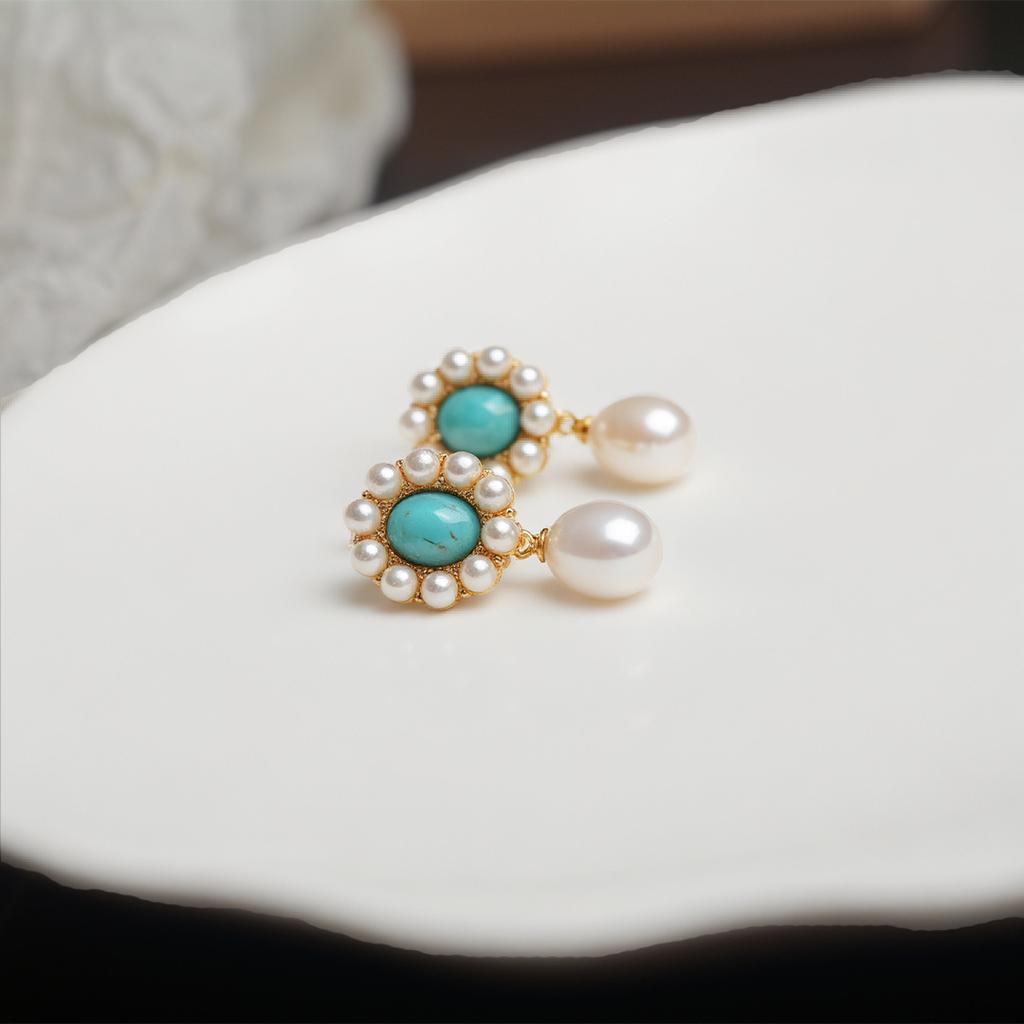 Vintage Turquoise Natural Freshwater Pearl Stud Earrings S911 Silver Needle Light Luxury High-end Earrings with Niche Design for Women