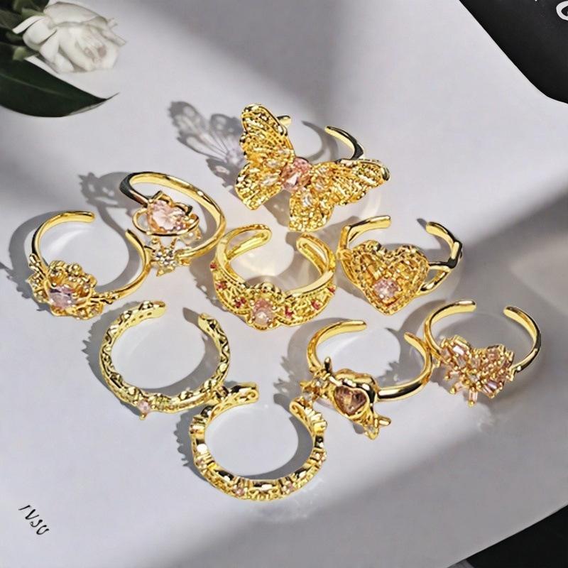 Sweet Girl Heart Pink Love Zircon Crown Open Ring Niche Design Light Luxury High Sense Fashion Ring
