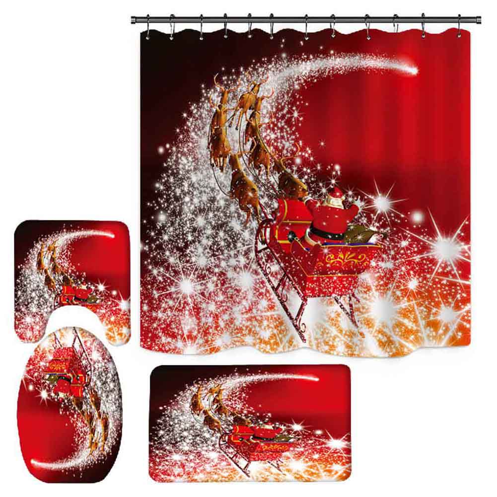 Merry Christmas Bathroom 4Pcs Set Snowman Santa Claus Pattern Waterproof Shower Curtain Toilet Cover Mat Non Slip Rug Home Decor