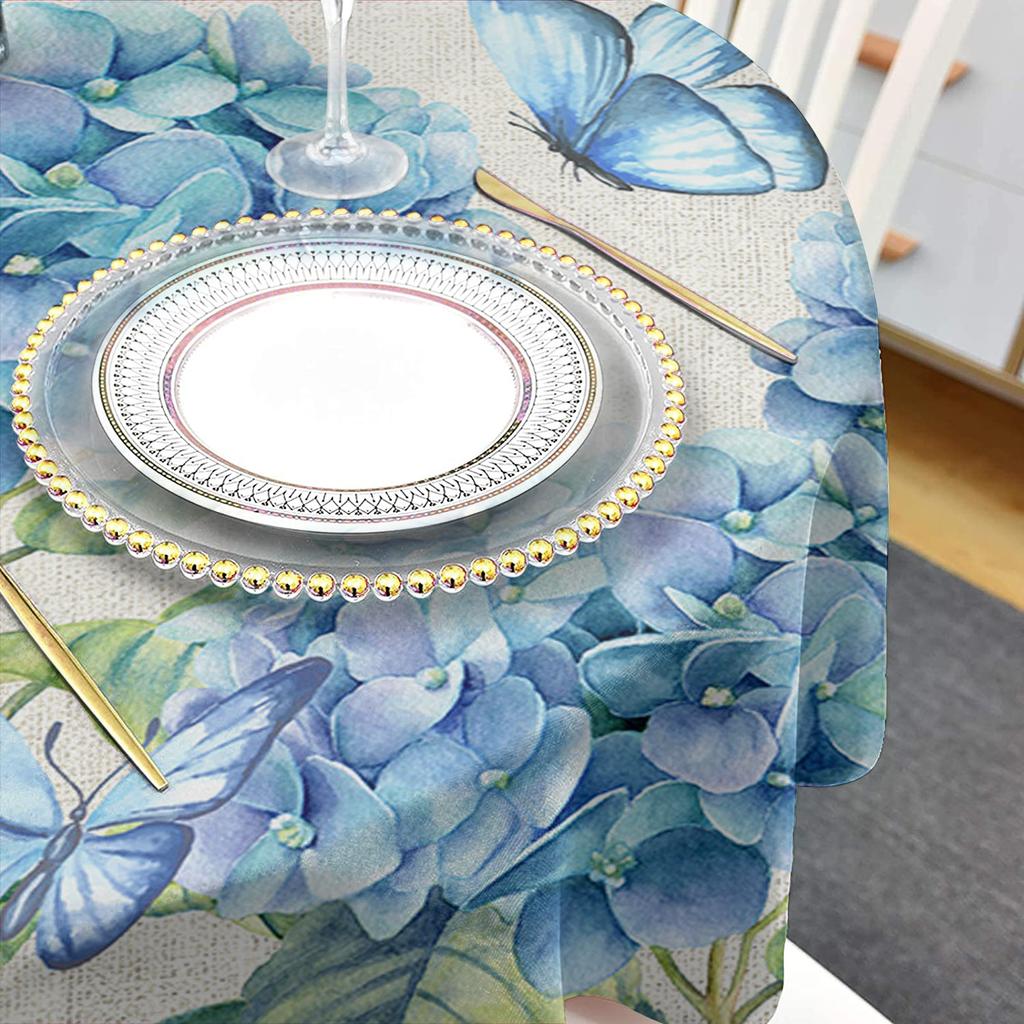 Waterproof Round Tablecloth Summer Flowers Hydrangeas Butterflies Design For Wedding Party Dining Table Cover