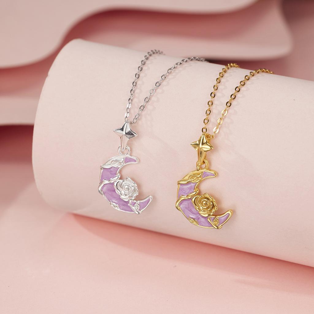 Full silver 990 Monet garden rose moon necklace women's enamel crescent moon pendant light luxury collarbone chain