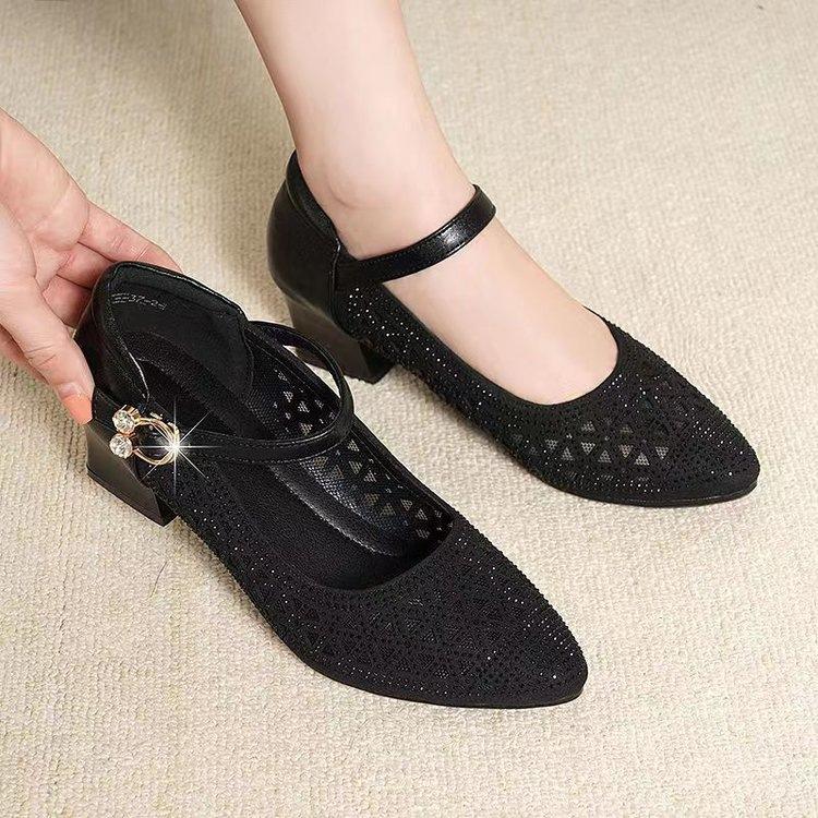 Summer Breathable Single Shoes Sandals Female Mid-heeled Sandals Mesh Sandals Cave Shoes Hollow Breathable Single Shoes Thick with Soft Bottom Shoes