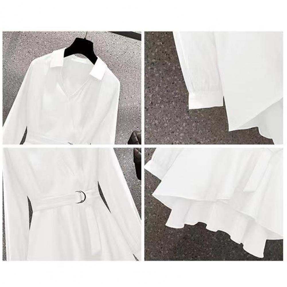 Abito camicia da donna con risvolto, scollo a V, maniche lunghe, orlo irregolare, vita stretta, cintura regolabile, pullover, maglietta, abbigliamento femminile