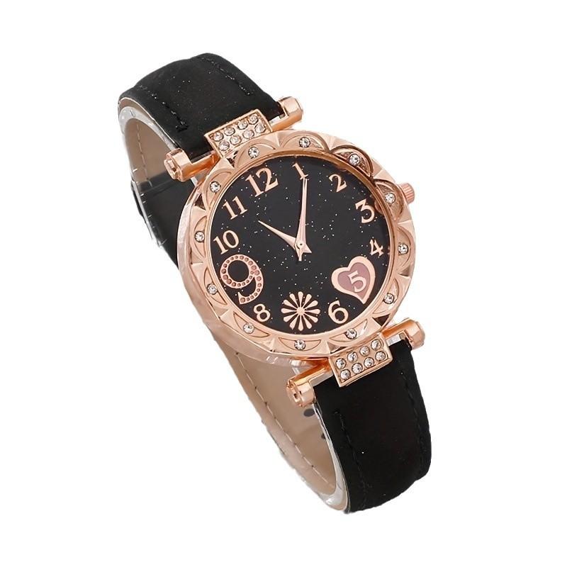 Ladies Diamond Dial Belt Quartz Watch Beaded Bracelet Set 6pcs/set