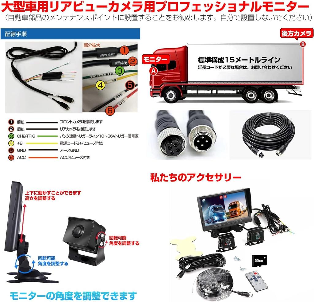 TORAKIND Backup Camera Monitor Backup Drive Front and Rear 32GB Card Wide Viewing for Trailers and Buses Set, 7-inch Monitor, Recorder, Cameras,