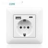 Curved White European Standard Socket Panel with Double USB & Type C, German Switch, Concealed Installation