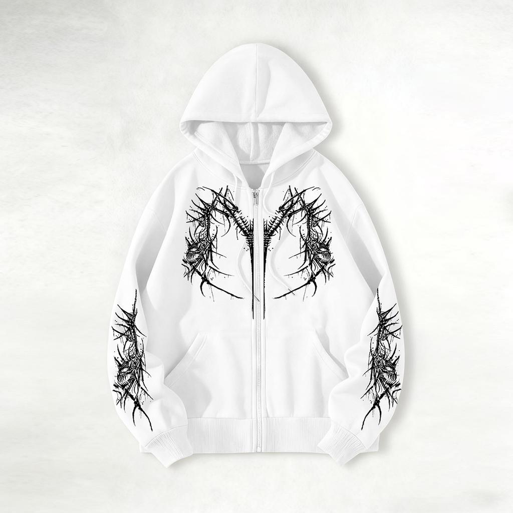 Avant-garde dark aesthetic skeleton-print hoodie, zip-up hoodie