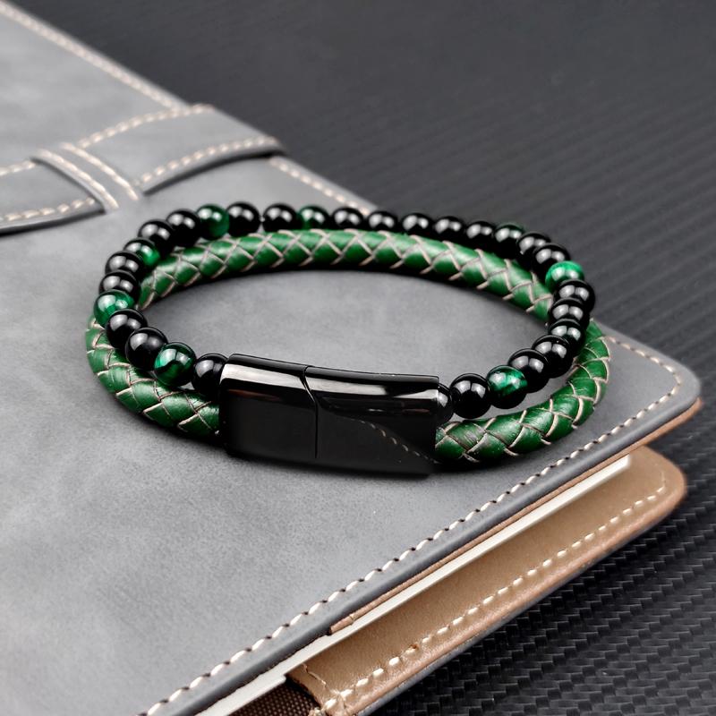 A Stylish Green Stone Bead Bracelet, A Multi-Layered Leather Men'S Bracelet, A Punk-Style Accessory, And A Stainless Steel Magnetic Clasp Bracelet.