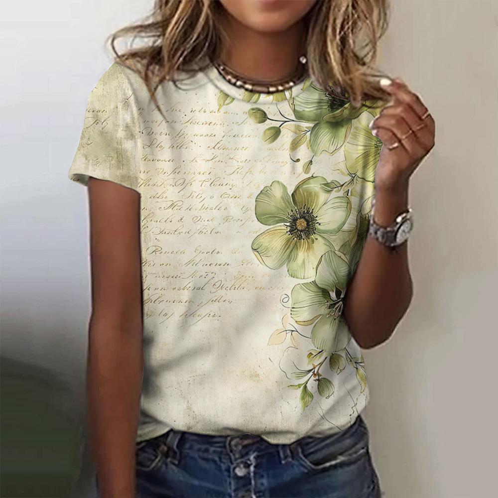 

Summer Women s Rose Y2K Pattern Short Sleeve Summer Crew Retro T-shirt 6XL