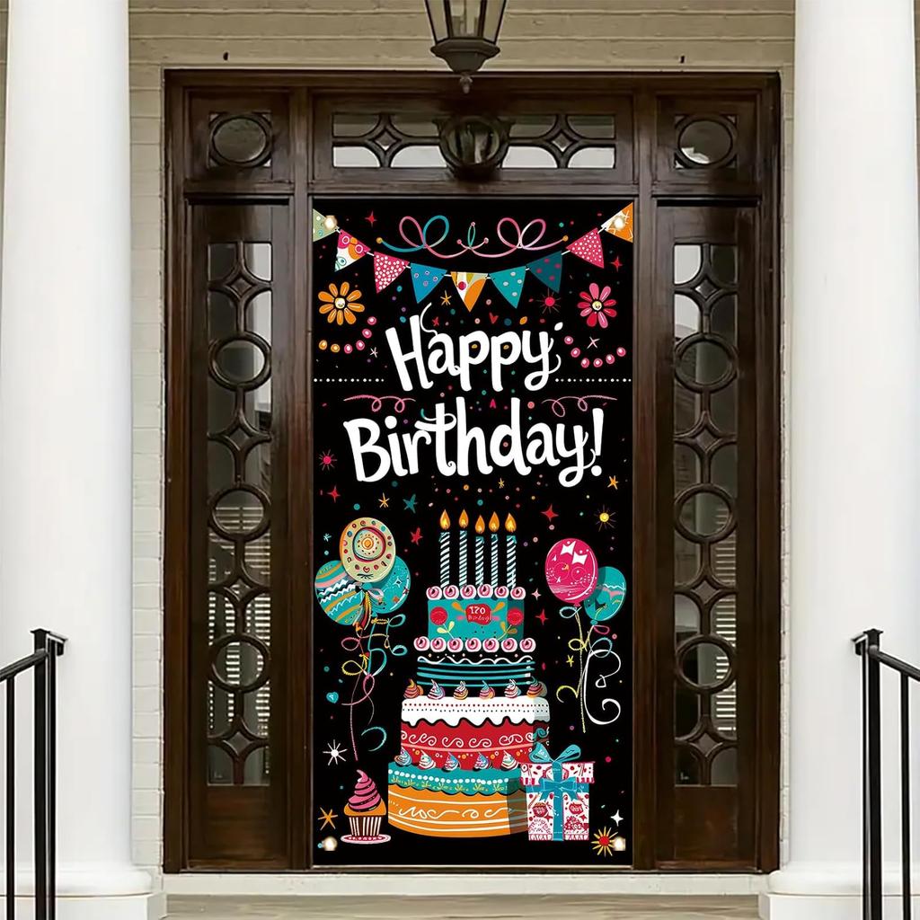 Birthday Door Cover Banner Colorful Cake Balloon Banner Party Decoration Hanging Backdrop for Kids Adults Birthday Celebration Entrance Photography