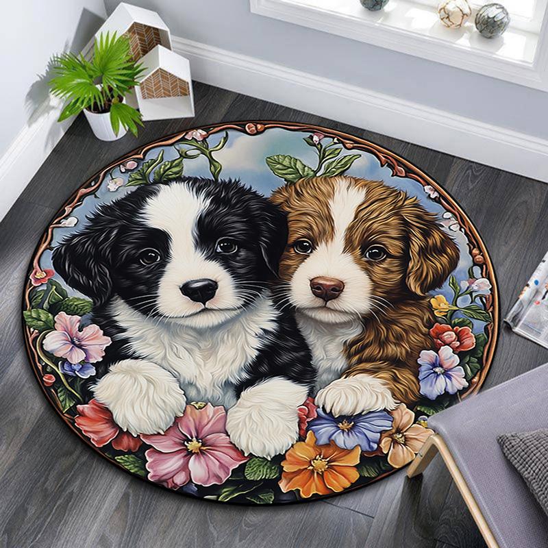 Two Cute Puppies Round Area Rug,Carpet Rug for Living Room Bedroom Sofa Playroom Decor,Non-slip Floor Mat