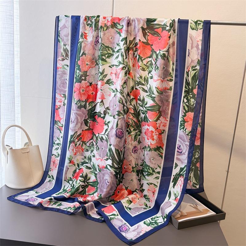 Thin printed imitation silk brocade sunscreen colorful flower silk scarf long scarf shawl versatile headscarf scarf