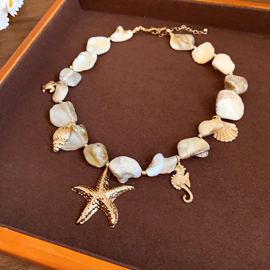 

Bohemia Personality Baroque Pearl Beaded Starfish Shells Conches Necklacee for Women Charm Summer Beach Vacation Collar Jewelry