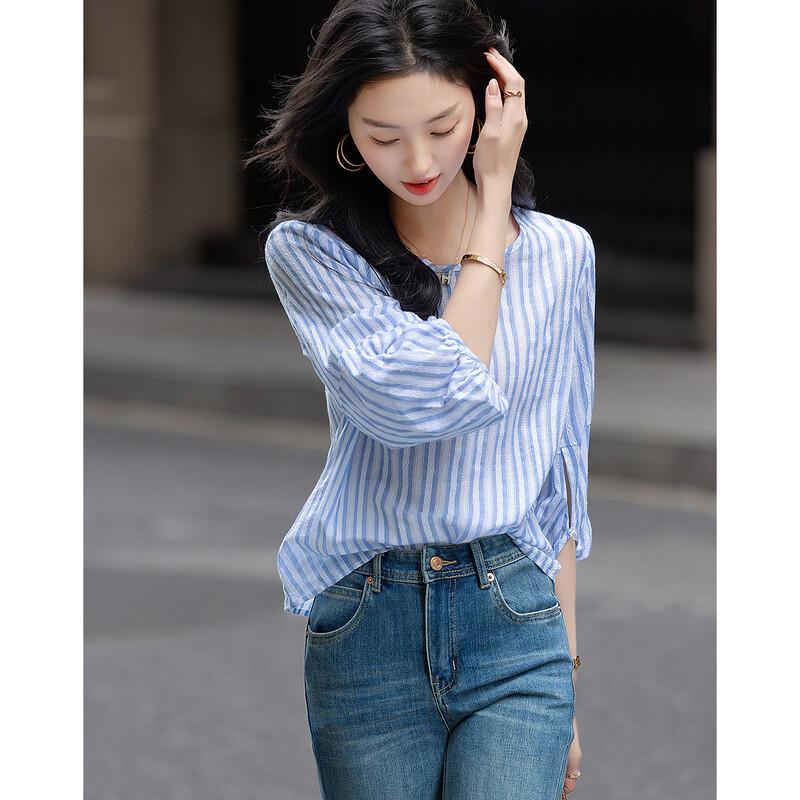 Demana Spring Cotton Striped Hollow Out Shirt S