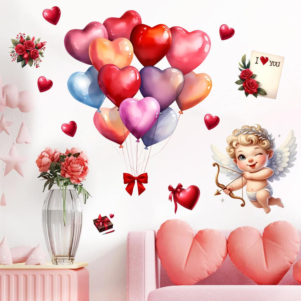 Cupid Love Arrow and Balloons Wall Sticker Self-Adhesive Removable for Living Room Bedroom Valentine Home Decor