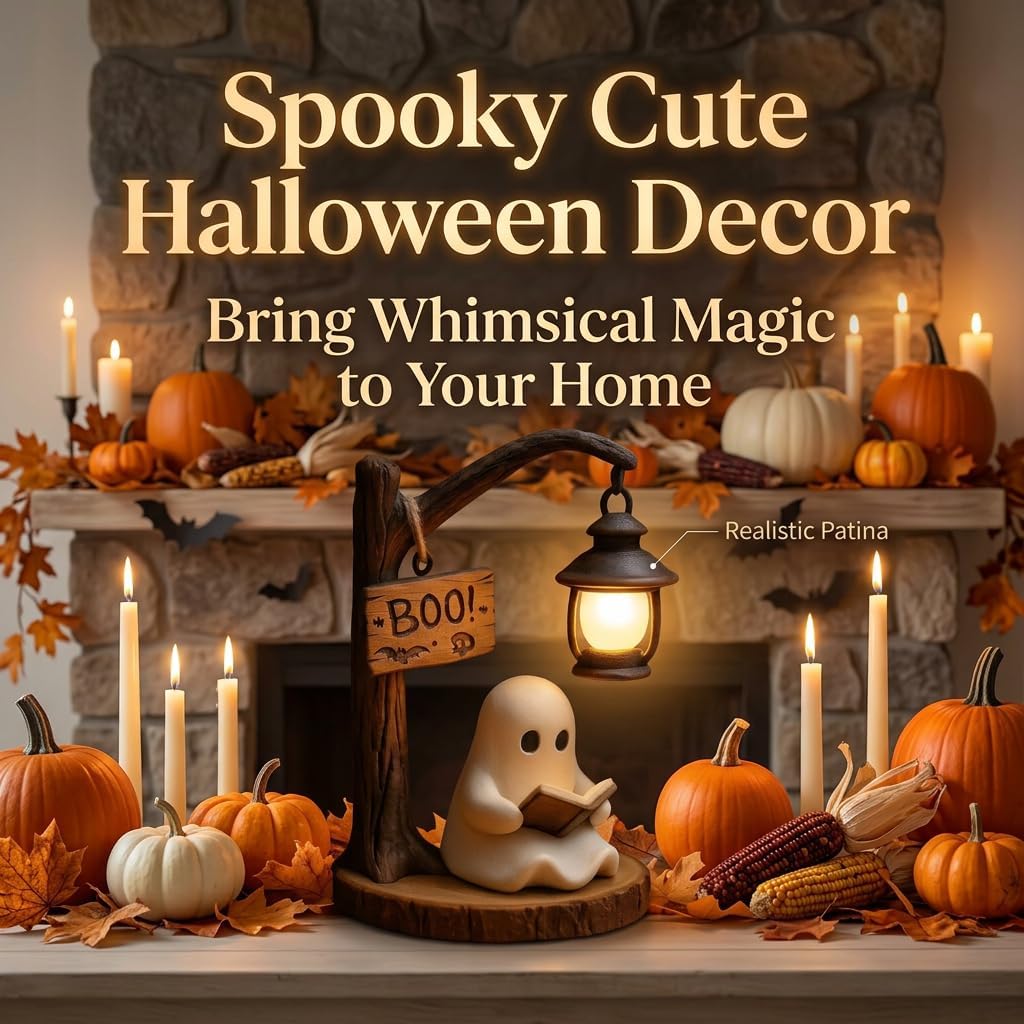 Ghost Reading Night Light,3D Cute Ghost Reading Book Lamp,Lighted Vintage Patchwork Halloween