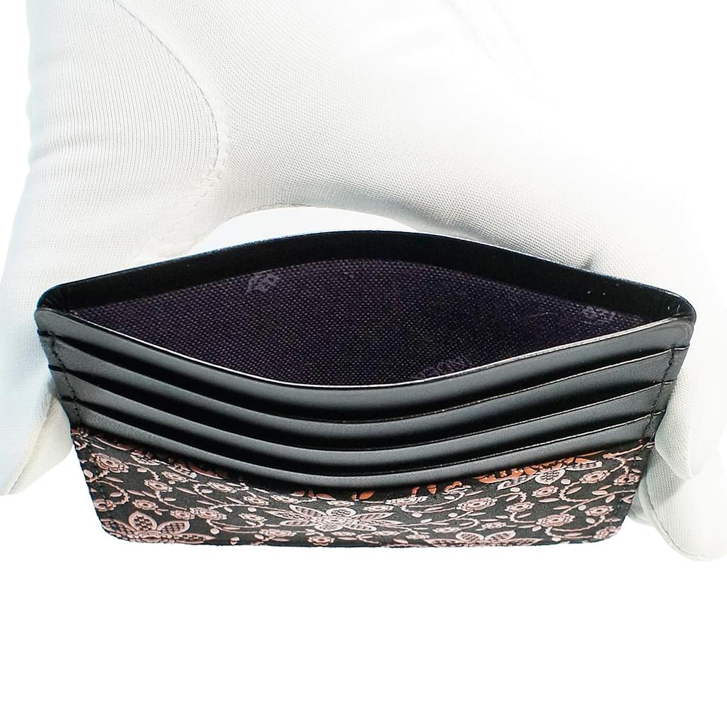 Indenya Slim Card Case, Thin, Deerskin Leather with Black and Pink Lacquer, Clematis Pattern, 2530-51-169