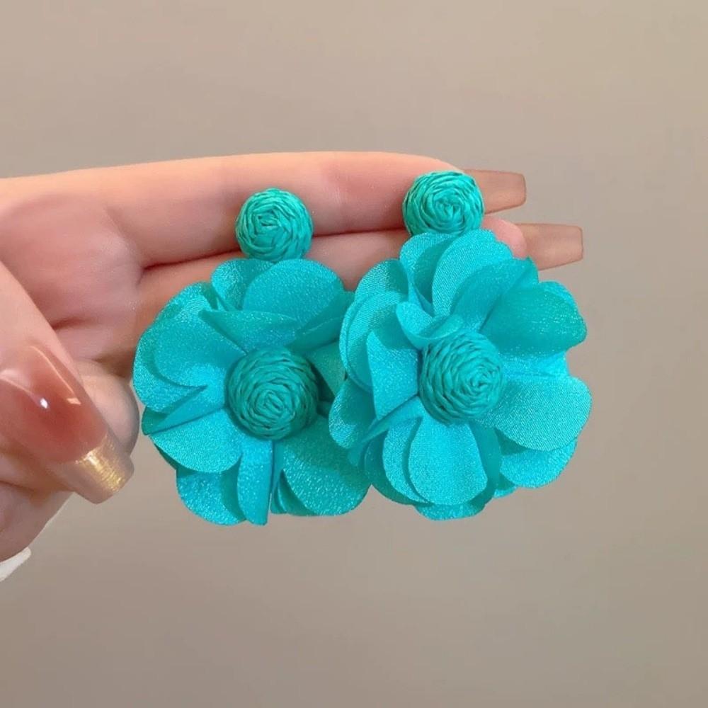 Colorful Long Drop Earrings Boho Style 3D Flower Fabric Earring Beach Party