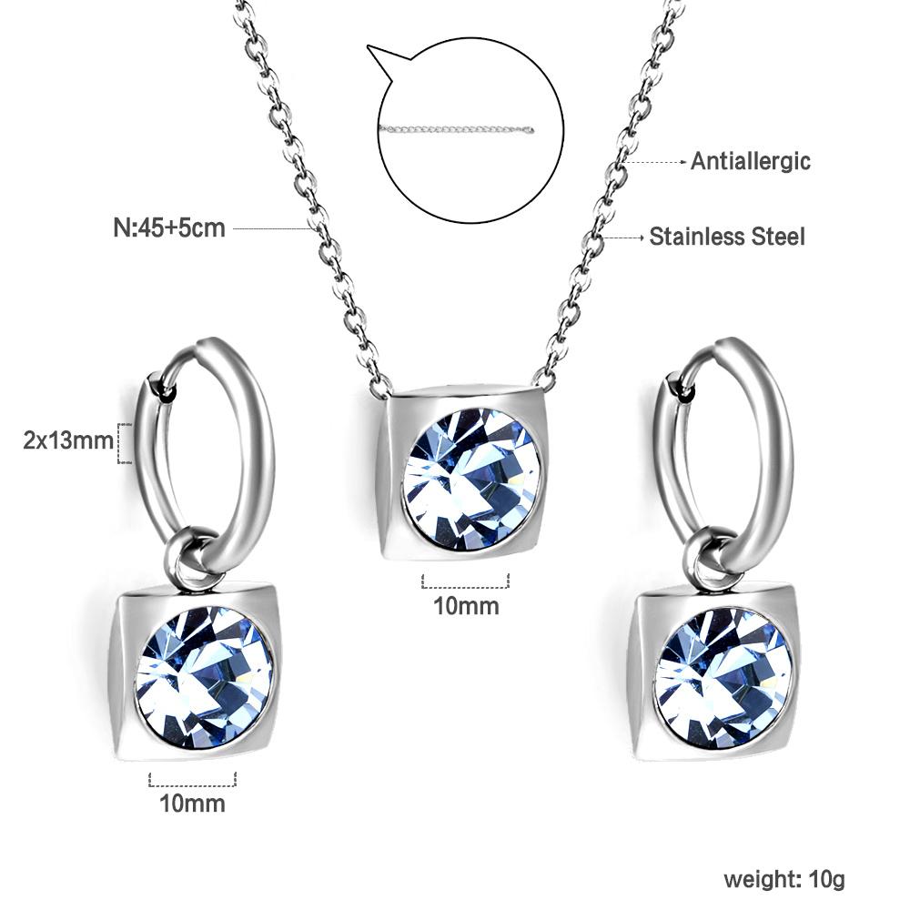 Square Multiple Color Crystal Pendant Necklace Earrings Set Stainless Steel Zircon Set 2Pcs For Women Party Gifts Free Shipping