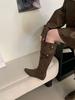 2025 new square head side zipper tall tube suede thin belt buckle knee knight women's boots
