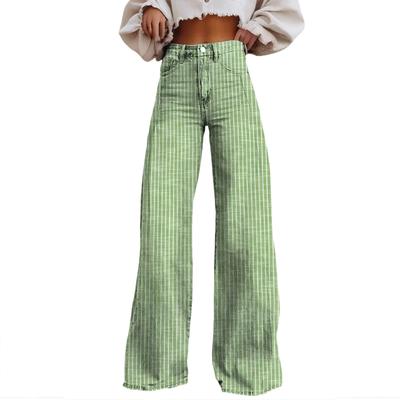 Mode Femme Décontracté Denim Rayé Jambe Large Jambe Droite Jeans Micro-coupés