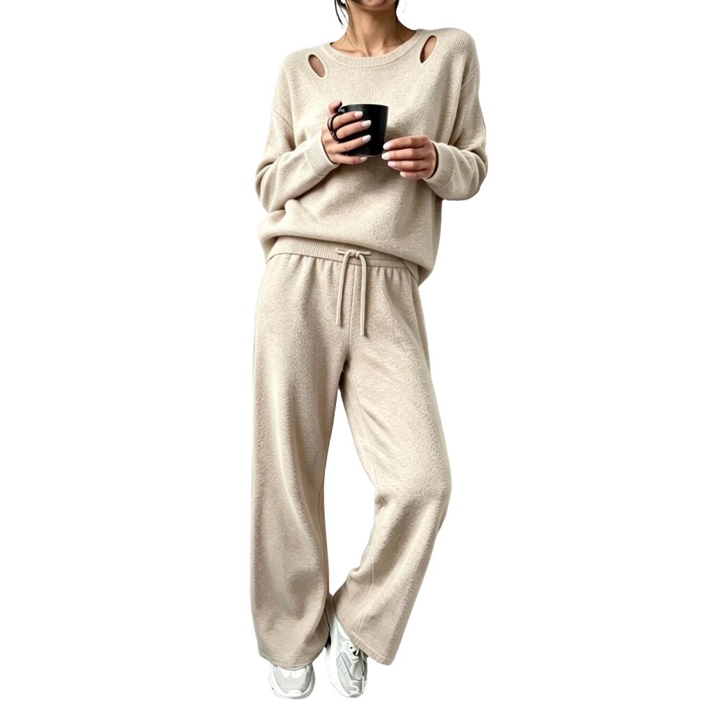 Women's Cutout Off-the-Shoulder Long Sleeve Knit Two-Piece Set for Casual Wear