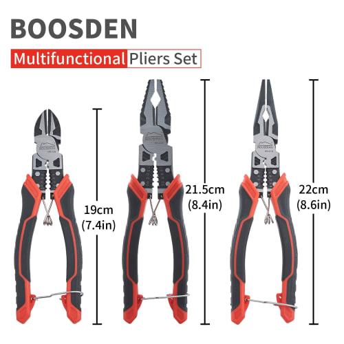 HOUSERAN 3-Piece Pliers Set, Multi-Function Tool Set with Nippers, Long Nose Pliers, Heavy-Duty Pliers, Wire Cutter, Spring-Loaded Lock, Electrician's