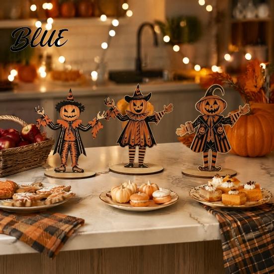 Seasonal Decorative Wood Pieces 3Pcs Wooden Pumpkin Scarecrow Ornaments Halloween Table Centerpiece Decorations Vintage Desktop Decoration for Home