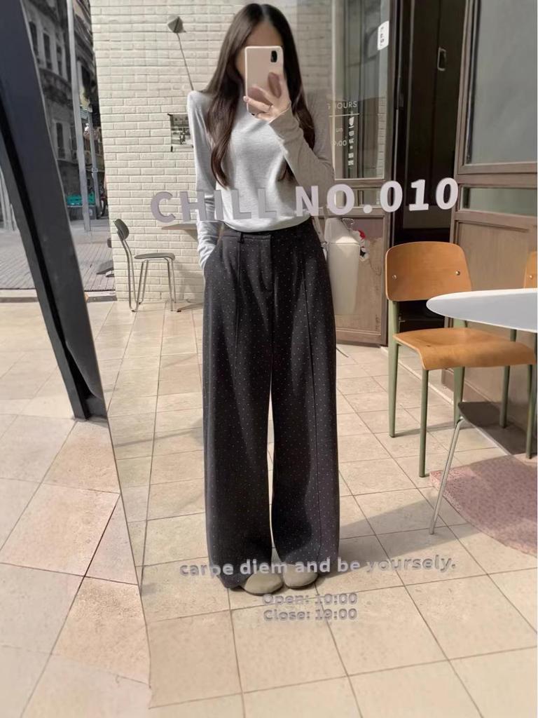 High-Waisted Petite Wool Blend Polka Dot Wide-Leg Pants - Dark Gray, Slimming, Versatile, Relaxed Feel.