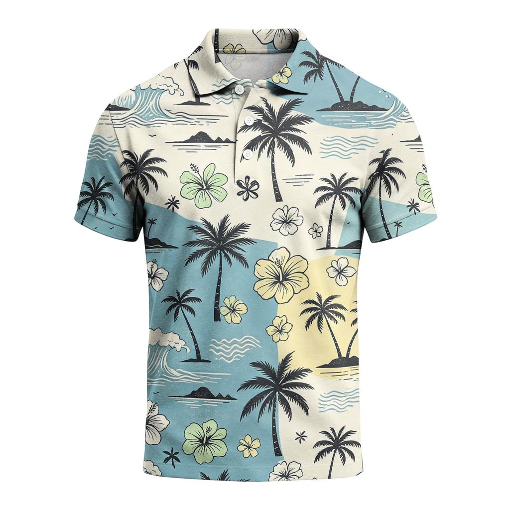 Men's Summer Hawaiian Style Printed Polo Shirt Loose Casual Vacation Short Sleeve Top Lightweight Breathable Fabric