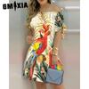 GMXIA Women Fashion Off Shoulder Dress Short Sleeve Bow Tie Print Dresses Summer Beach Dresses Plus Size