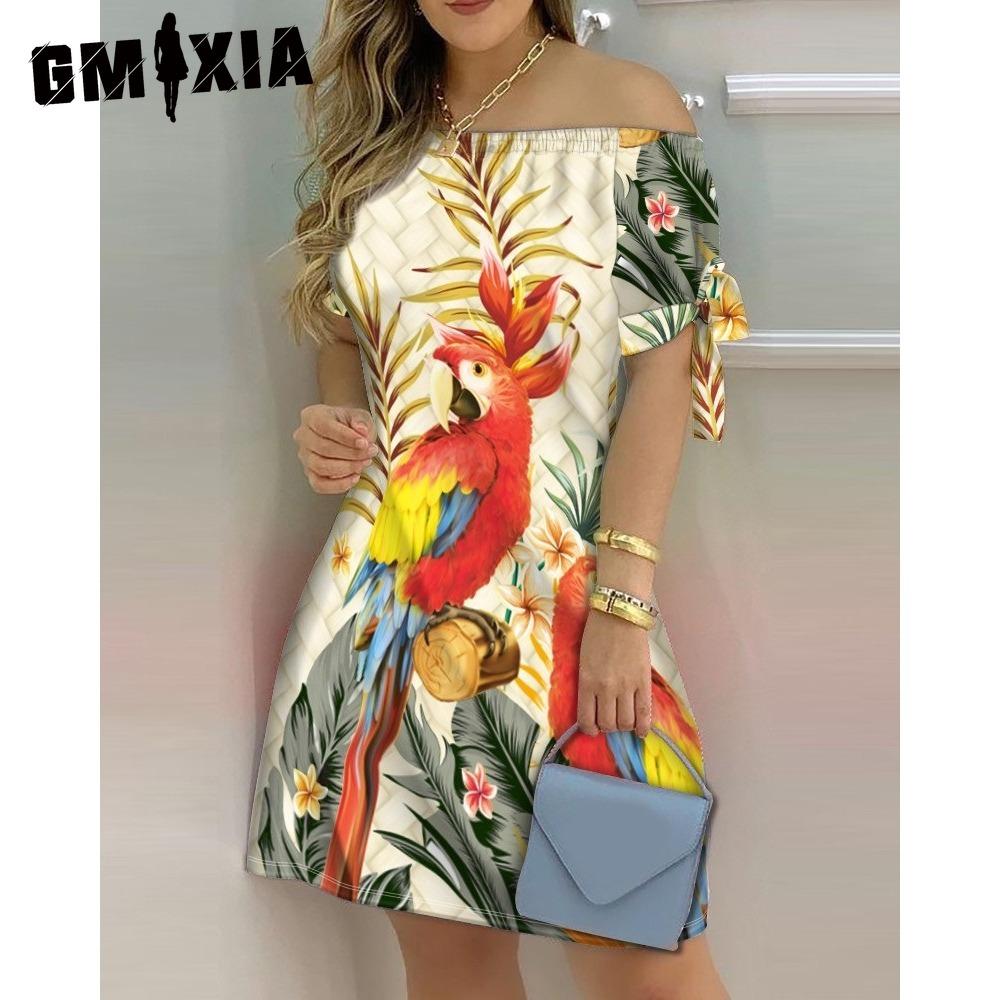 GMXIA Women Fashion Off Shoulder Dress Short Sleeve Bow Tie Print Dresses Summer Beach Dresses Plus Size