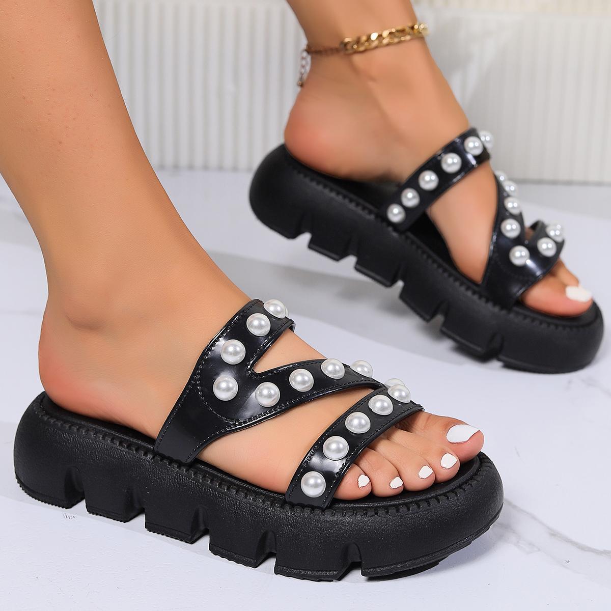 

Весенние модные новые пикантные однотонные сандалии, удобные повседневные женские тапочки с круглым носком и толстой подошвой, украшенные бисером 40