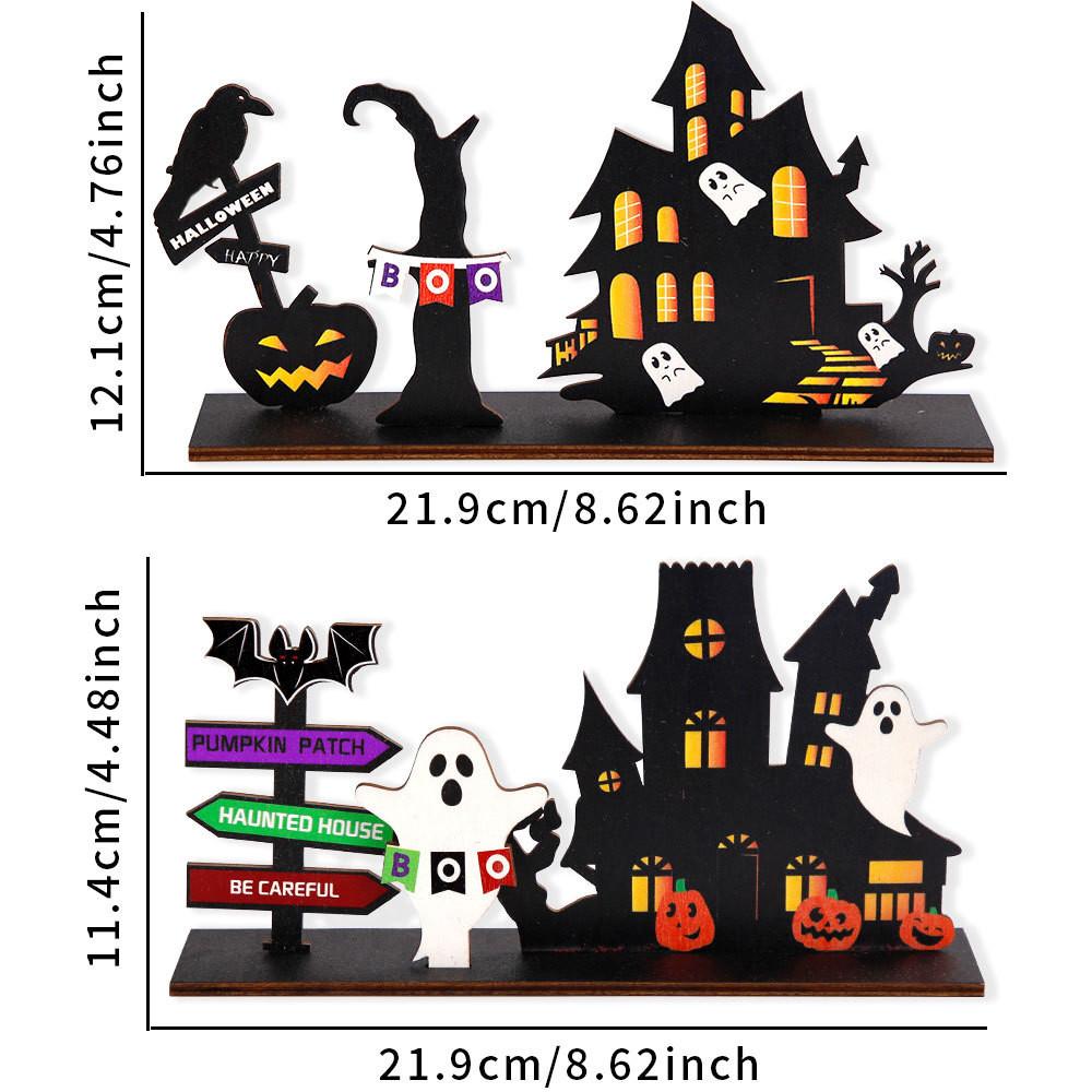 Festive Halloween Wooden Castle Tabletop Decor With Colorful Pumpkins And Ghosts