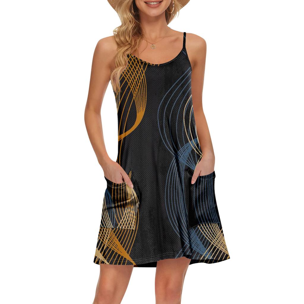 Dame Sommer Casual Stropper Solkjole Med Lommer Kort Strandferie Tankkjoler