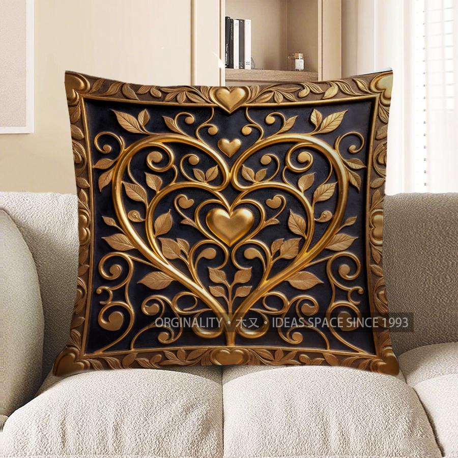 2D Gilded Heart Pattern Decorative Pillow Covers Pattern Cushion Cover Suitable For Sofa Bedroom Car Pillow Cover