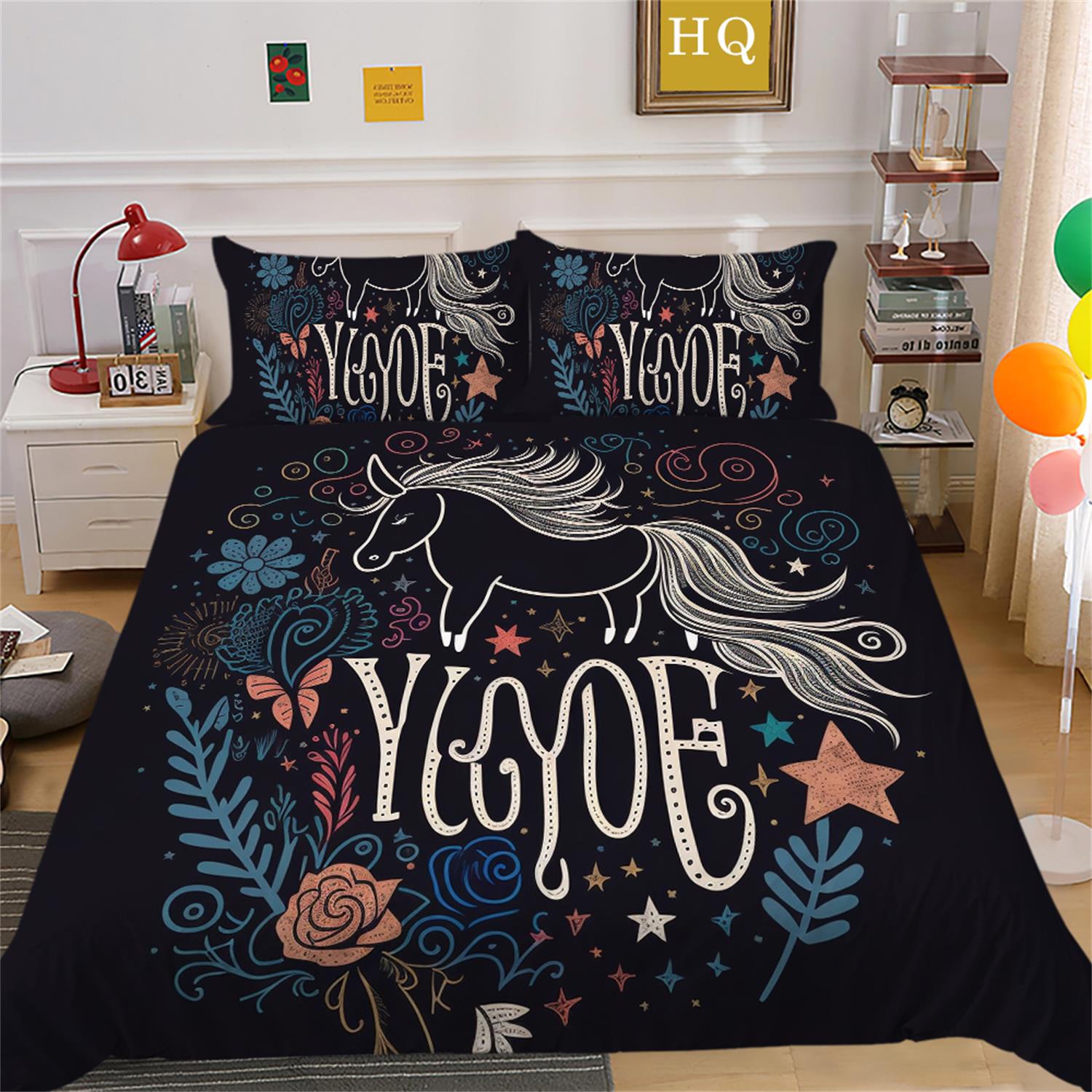 

3D цифровая печать Комплект постельного белья с единорогом Пододеяльник Наволочка Комплект постельного белья Комплект постельного белья для спальни ЕС Полноразмерная односпальная/двуспальная кровать Украшение дома Baby 100x135cm
