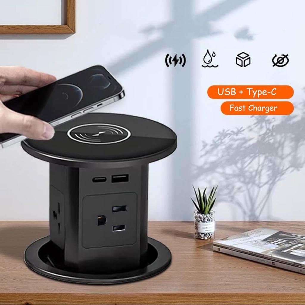 Pop Up Outlet  Automatic Hidden Power Strip with 15W Wireless Charger  4 AC Outlets Plug with 2.1A USB and PD 20W Type C Rapid Charge Stations