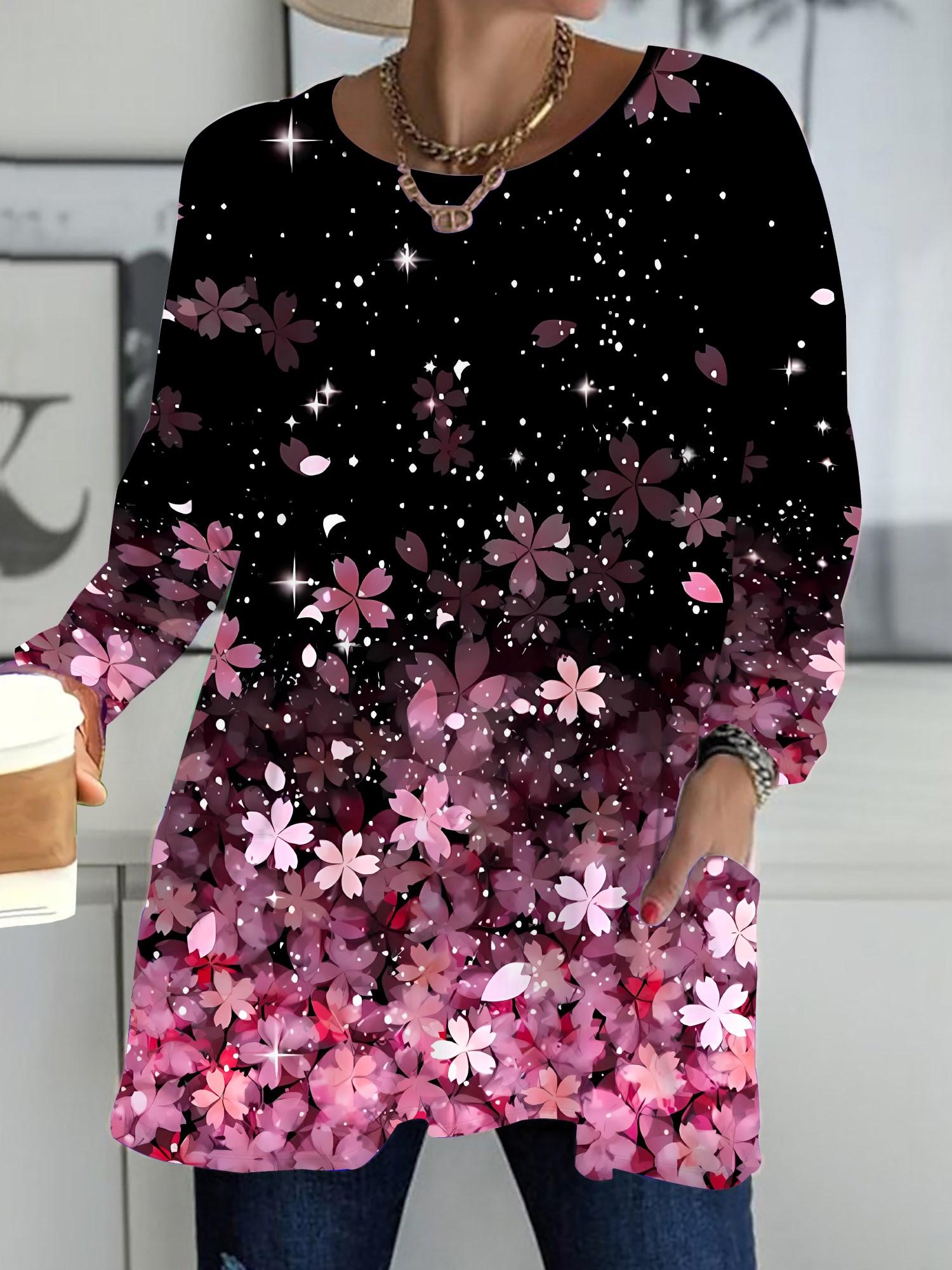 

Осень-Зима 2025 Новые Женские Топы Большого Размера, Модные Футболки с 3D-принтом цветов, с Круглым Вырезом и Длинным Рукавом 1XL розовый