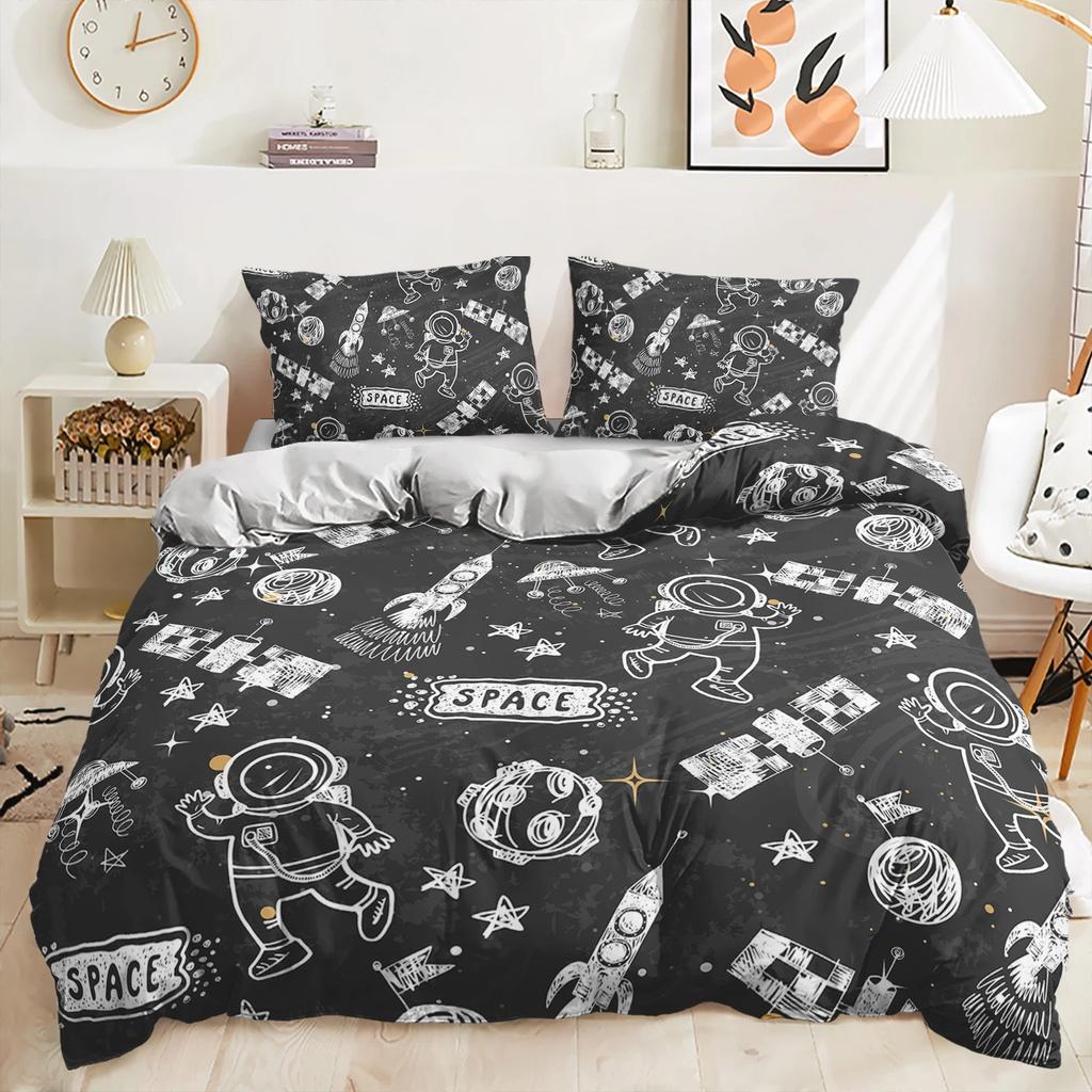 Space Astronaut Rocket Cartoon Illustration 3D Duvet Cover Bedding Set Polyester Pillowcases Gift Single Double King Queen