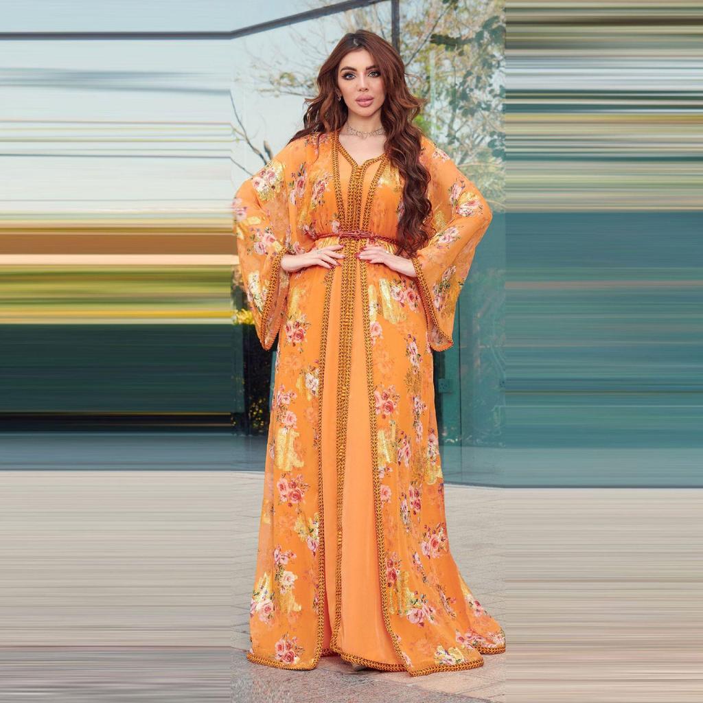 AB238 Women's Middle Eastern Two-Piece Chiffon Dress with Gold Stamping