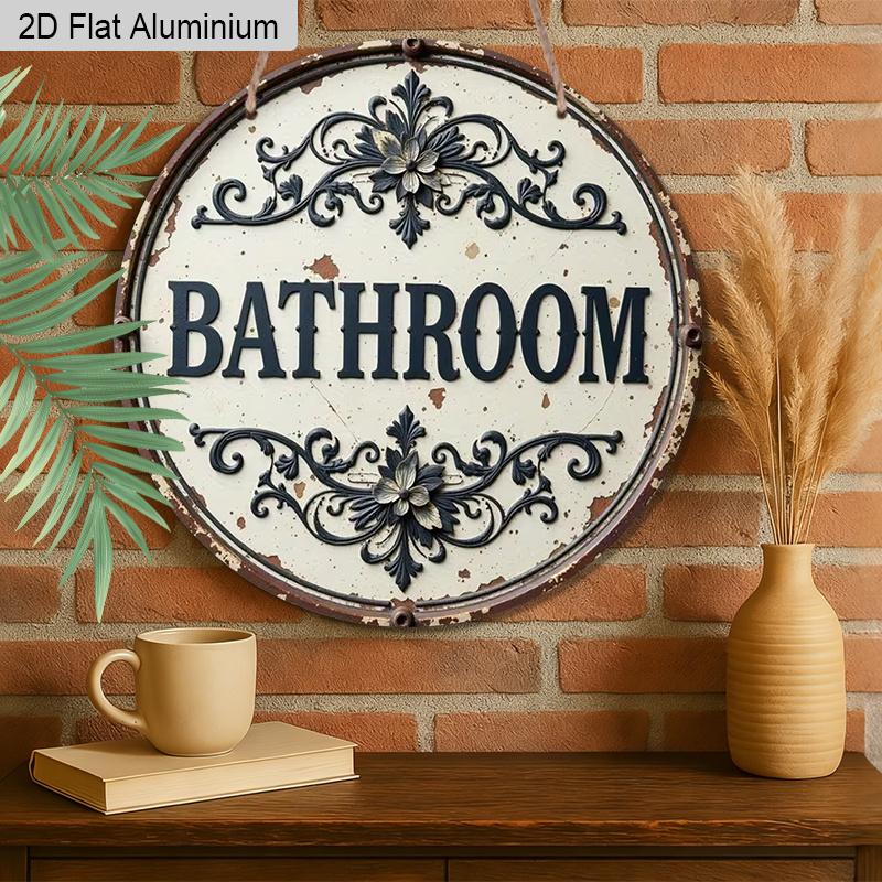 2D Flat Aluminum Rustic Bathroom Sign for Door - Vintage Farmhouse Wall Decor, Round Aluminum Metal Hanging Plaque, Shabby Chic Faux Embossed