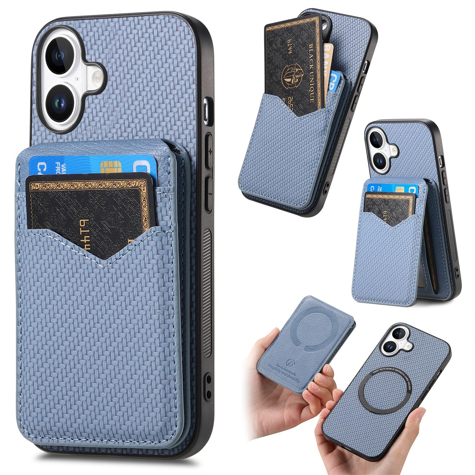 

For iPhone 16 Plus Magnetic Case Carbon Fiber Texture Back Cover with Detachable Card Holder Blue
