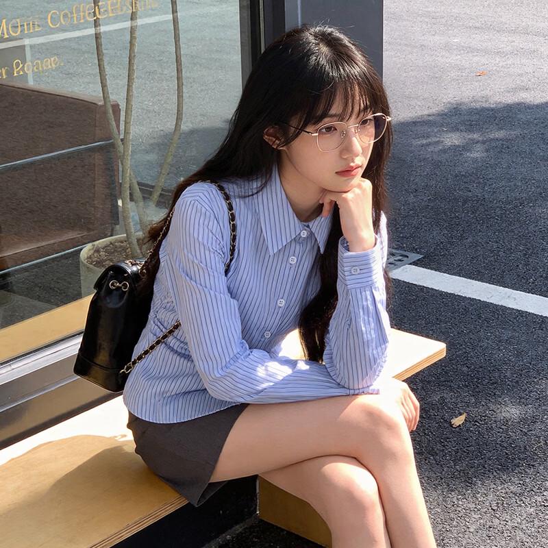 SPAO Women's Korean Style Striped Button-Down Shirt with Bear Embroidery