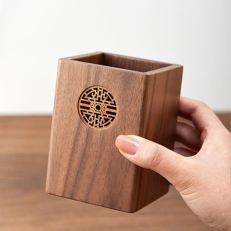 1pcs Solid Wood Multifunctional Pen Holder - Retro Desktop Organizer with Engraving Office Storage Box for Pencils Phone Stand