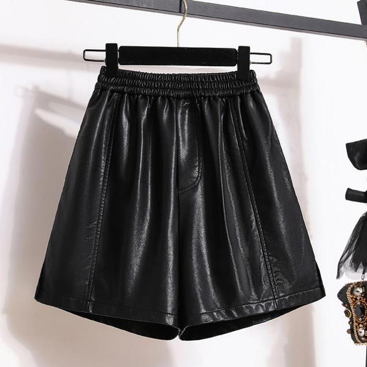 DIMANAF 2024 Plus Size Autumn Winter Shorts Women New A-Line Black PU Leather Casual Loose Wide Leg Pants Short Pants